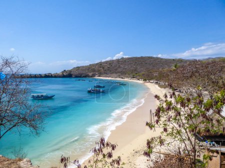 Foto de Una vista sobre una bahía en Pink Beach, Lombok Indonesia. Muchos botes coloridos anclados a la orilla. El agua tiene muchos tonos de azul. La playa celestial está rodeada de pequeñas colinas. Playa Paradise. - Imagen libre de derechos