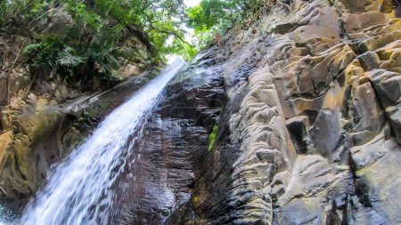 Foto de Una cascada escondida en Moni, Flores, Indonesia. La cascada está escondida entre las rocas, fluyendo entre los árboles de bambú. Viajar por la senda trillada. exploración y aventura. - Imagen libre de derechos