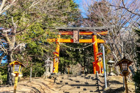 Photo for Orange Torii leading to Chureito Pagoda in Japan. The torri has bright orange color, tress surrounding it from each side. The torii is lighted up with sunlight. Small lanterns on the side. - Royalty Free Image