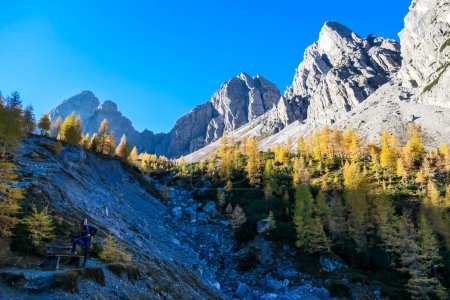 Téléchargez les photos : Une femme avec sac à dos de randonnée se reposant sur un banc tout en faisant de la randonnée pour atteindre la Grosse Gamswiesenspitze à Lienz Dolomites, Autriche. Pentes nettes et stériles. Montagnes alpines massives. Solo vagabond - en image libre de droit