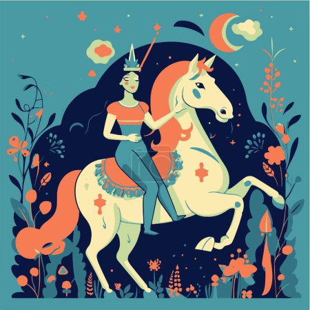 Téléchargez les illustrations : Belle princesse et cheval avec des fleurs, illustration vectorielle - en licence libre de droit