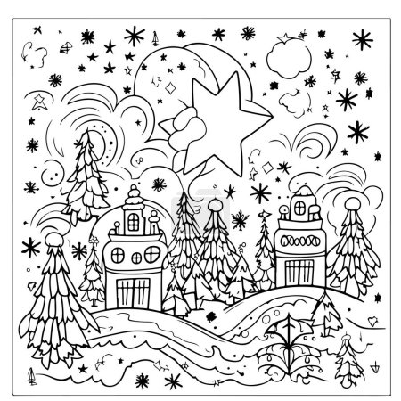 Ilustración de Ilustración en blanco y negro del pintoresco pueblo navideño - Imagen libre de derechos