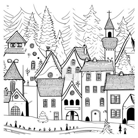 Téléchargez les illustrations : Illustration en noir et blanc du village pittoresque de Noël - en licence libre de droit