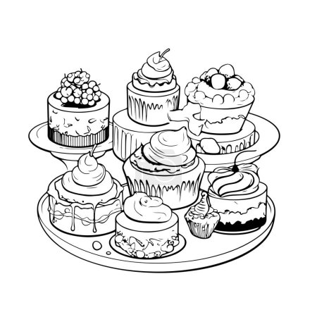 Illustration for Stylish line art illustration of desserts on white - Royalty Free Image