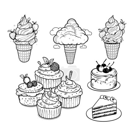 Téléchargez les illustrations : Illustration d'art en ligne élégant de desserts sur blanc - en licence libre de droit
