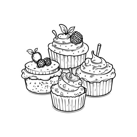 Téléchargez les illustrations : Illustration d'art en ligne élégant de desserts sur blanc - en licence libre de droit
