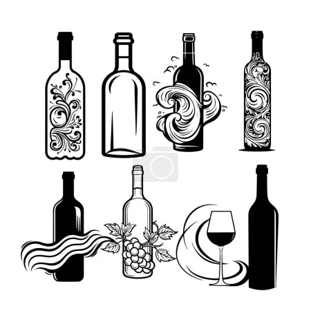 Ilustración de Copa de vino y botellas sobre fondo blanco - Imagen libre de derechos