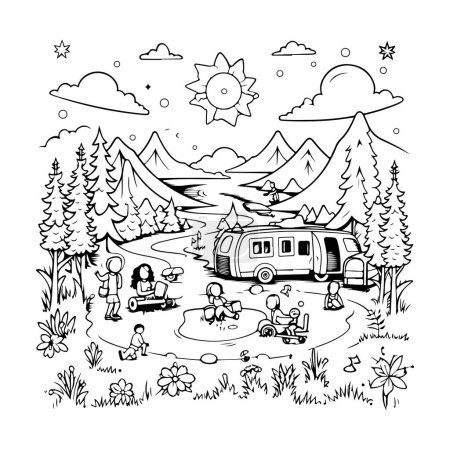 Téléchargez les illustrations : Illustration vectorielle de ligne de camping noir et blanc - en licence libre de droit