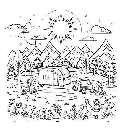 Téléchargez les illustrations : Illustration vectorielle de ligne de camping noir et blanc - en licence libre de droit