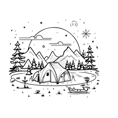 Illustration for Black and white camping line vector illustration - Royalty Free Image