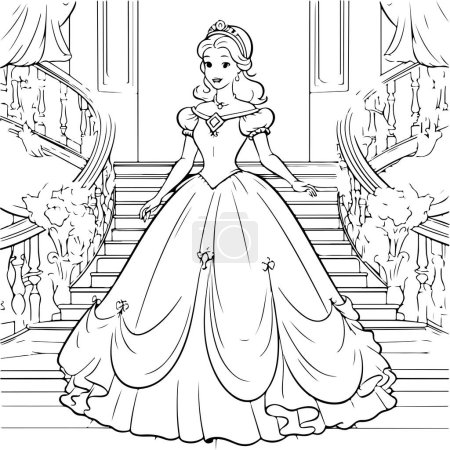 Téléchargez les illustrations : Livre de coloriage princesse, princesse dans les escaliers - en licence libre de droit