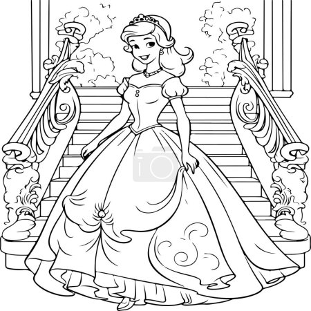 Ilustración de Libro para colorear princesa, princesa en las escaleras - Imagen libre de derechos