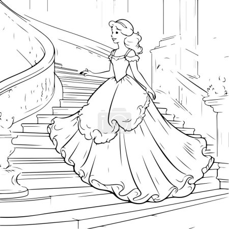 Téléchargez les illustrations : Livre de coloriage princesse, princesse dans les escaliers - en licence libre de droit