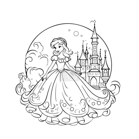 Téléchargez les photos : Illustration de princesse près du château, livre à colorier - en image libre de droit