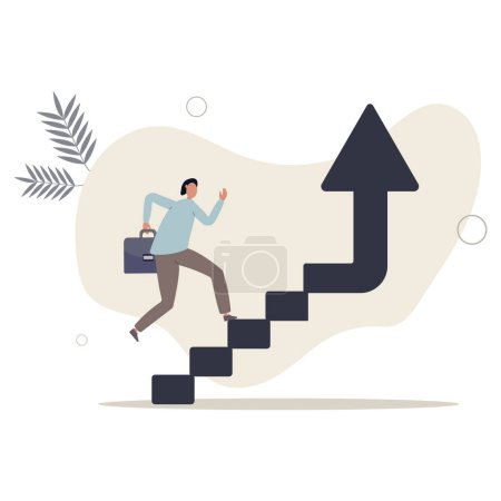 Illustration for Business target concept, confidence businessman step walking up stair of success with rising up arrow. .flat vector illustration. - Royalty Free Image