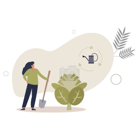 Illustration for Permaculture farming as sustainable and organic growing.Ecological and nature friendly garden cultivation with recycle or compost soil method .flat vector illustration. - Royalty Free Image