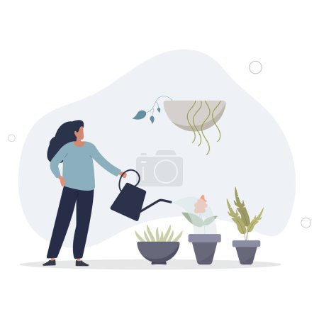Illustration for Planting indoors as female hobby with plant growing.Botany process with seeds cultivation and herb watering with fertilizer flat vector illustration. - Royalty Free Image