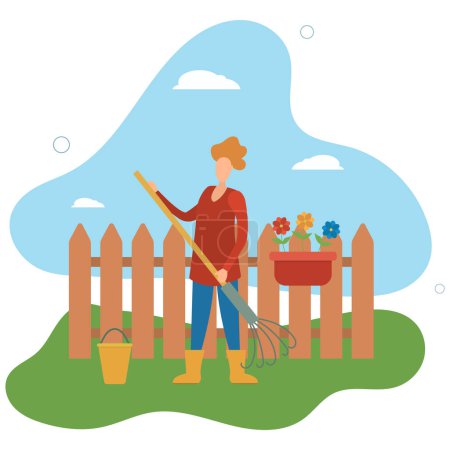 Illustration for People gardening. Cartoon character working with farmer tools .agriculture worker.flat vector illustration. - Royalty Free Image