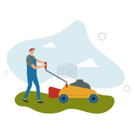 Illustration for People gardening. Cartoon character working ..farmer with lawn mower..flat vector illustration. - Royalty Free Image