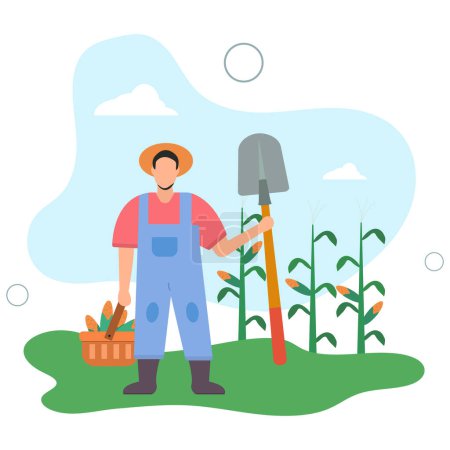 Illustration for Cartoon character working with farmer tools .harvesting corn.flat vector illustration. - Royalty Free Image