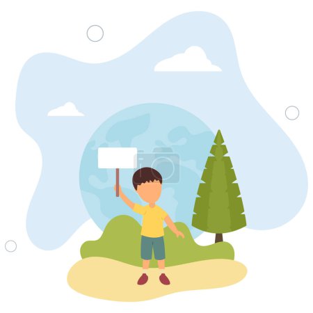 Illustration for Kid with save planet banner.around pure nature.flat vector illustration. - Royalty Free Image