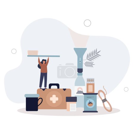 Illustration for Emergency crisis preparedness with basic essential items.Escape and evacuation kit with survival elements.flat vector illustration. - Royalty Free Image