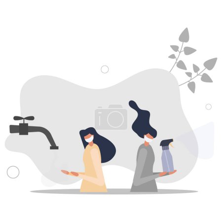 Illustration for Hygiene safety as hand wash with soap, surface disinfection and face masks wearing.Protective recommendation and personal responsibility.flat vector illustration. - Royalty Free Image
