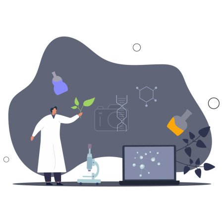 Illustration for Biotech research with biology and technology science.Chemistry usage for crop cultivation, genetic experiments or bio based pharmacy .flat vector illustration. - Royalty Free Image