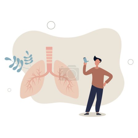 Illustration for Asthma chronic disease with medical breathing problems.Allergic pollen symptoms with bronchial chest pain and spray for normal airways .flat vector illustration. - Royalty Free Image