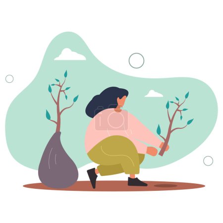 Illustration for Gardening and planting.Character taking care of plants.woman is planting young tree.flat vector illustration. - Royalty Free Image