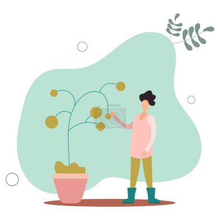 Illustration for Gardening and planting.Character taking care of plants.woman and plant in pot. - Royalty Free Image