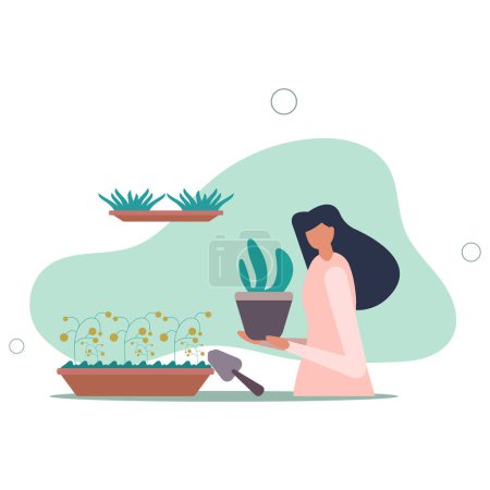 Illustration for Gardening and planting.Character taking care of plants.cultivation of ornamental plants. - Royalty Free Image