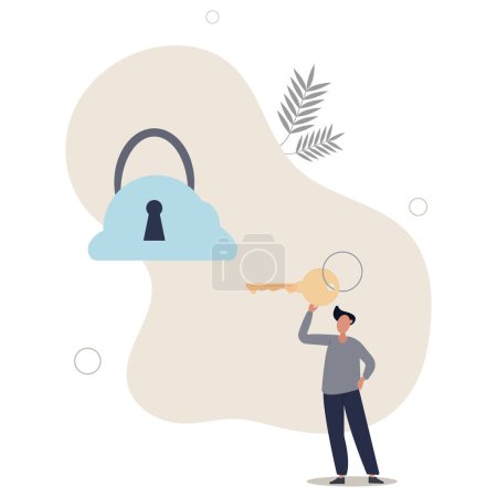 Illustration for Cloud security system to protect information for remote work, secure shield technology fore safety access online company server.flat vector illustration. - Royalty Free Image