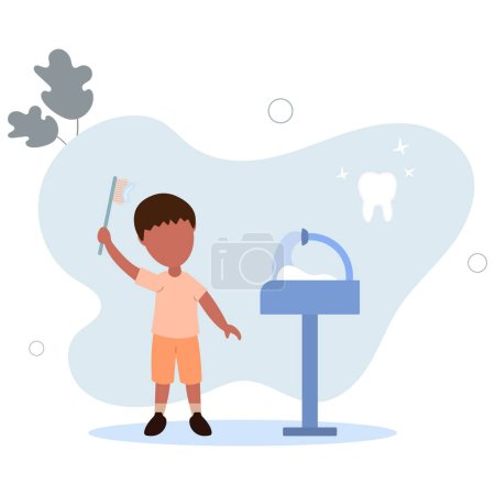Illustration for Boy cleaning teeth for health. Toothbrush, basin, water flat vector illustration. Stomatology and hygiene concept - Royalty Free Image
