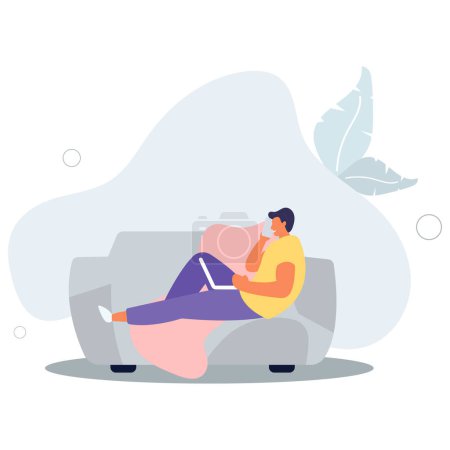 Illustration for Male freelancer on the couch working at home.flat vector illustration. - Royalty Free Image