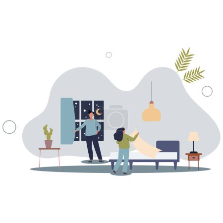 Illustration for Sleep hygiene as routine action for better sleep quality.Avoid insomnia with fresh air.flat vector illustration. - Royalty Free Image