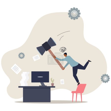 Illustration for Frustration and chaos from computer problem or tech failure, stressful or anxiety from overworked or disappointment and mistake concept.flat vector illustration. - Royalty Free Image