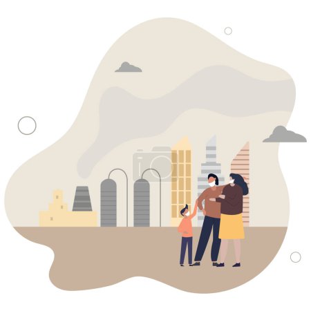 Illustration for Air pollution from factories CO2 emissions in urban city .Family breathing in danger because of smog.flat vector illustration. - Royalty Free Image