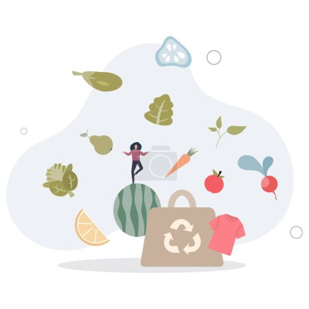 Illustration for Eco friendly products with recyclable and organic packaging tiny person concept.Grocery items from zero waste shops as natural.flat vector illustration. - Royalty Free Image
