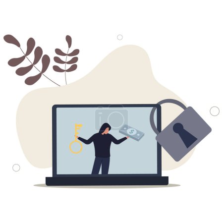 Illustration for Ransomware computer crime, hacker attack company network ask for money to unlock data via internet concept,.flat vector illustration. - Royalty Free Image