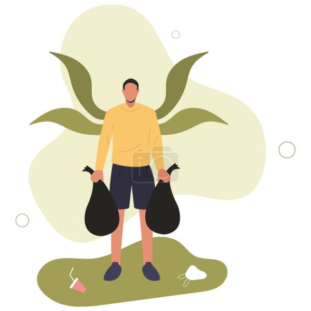 Illustration for Collecting litter picking plastic waste raking garbage, eco voluntary activist..flat vector illustration.man with trash bags.. - Royalty Free Image
