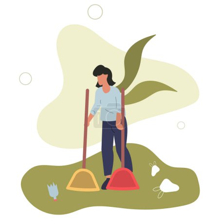 Illustration for Collecting litter picking plastic waste raking garbage, eco voluntary activist..flat vector illustration.woman with a shovel. - Royalty Free Image