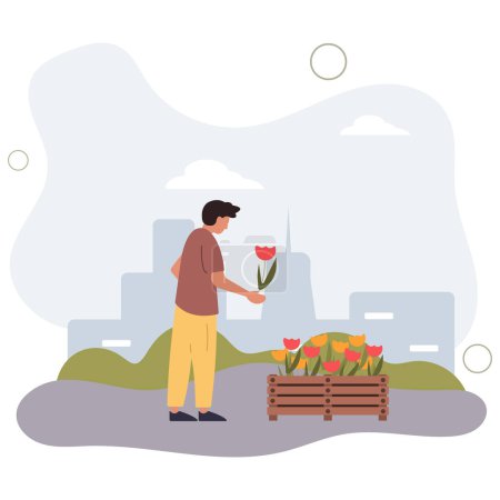 Illustration for Urban gardening people, growing flower .flat vector illustration. - Royalty Free Image