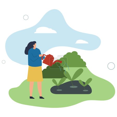 Illustration for People gardening. Cartoon character working with farmer tools .cultivating plants.flat vector illustration. - Royalty Free Image