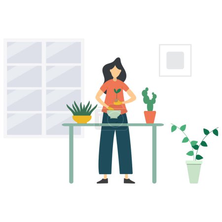Illustration for People gardening. Woman in gloves replanting sprout into new flowerpot.flat vector illustration. - Royalty Free Image