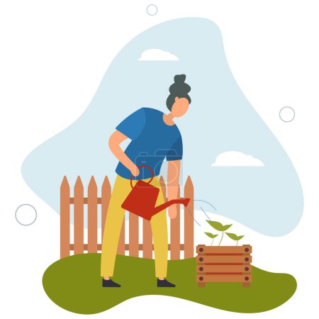 Illustration for People gardening. Cartoon character working with farmer tools .watering seedlings. growing plants. - Royalty Free Image