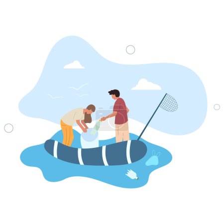 Téléchargez les illustrations : Volontaires nettoyage de la mer, ramasser les ordures et plastique.illustration vectorielle plate. - en licence libre de droit