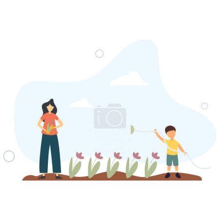Ilustración de La gente cultiva flores. el niño riega las plantas con una ilustración de vectores hose.flat. - Imagen libre de derechos
