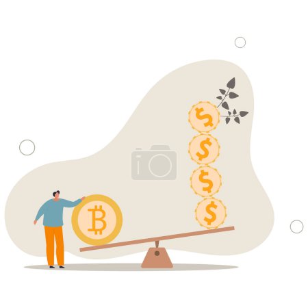 Ilustración de Bitcoin y criptomoneda tienda de valores comparar con dólar dinero fiduciario, la inflación reducir el valor fiduciario o la elección de activos de inversión concept.flat vector ilustración. - Imagen libre de derechos