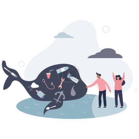 Illustration for Ocean pollution and plastic concentration as whale danger .flat vector illustration. - Royalty Free Image